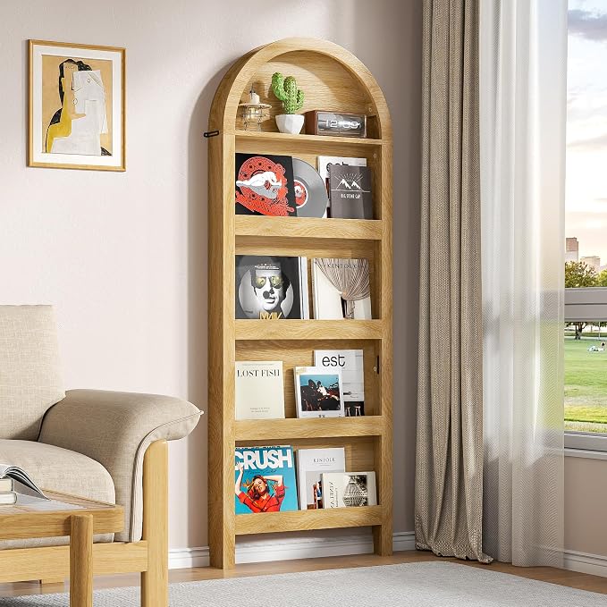 Narrow Tall Wall Mounted Bookshelf for Living Room Bedroom (Light Wood)