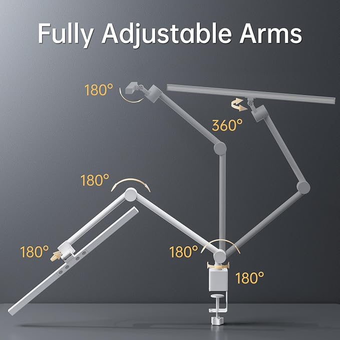 deeloop 2-Arms Swing Long LED Desk Lamp with Clamp, CRI 95+ Eye-Caring Light, USB Charging Output, 2-Hour Timer, Dimmable Desk Light with Memory, Architect Desk Lamps for Home Office Reading &Monitor