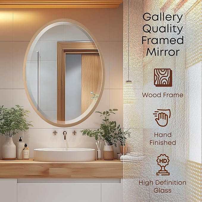 OVALCREST - Oval Wooden Beveled Wall Mirror for Home Decor, Bathroom, Vanity, Bedroom, Living Room, Hallway - London Style (Gold Spray) 21.1 x 17.1