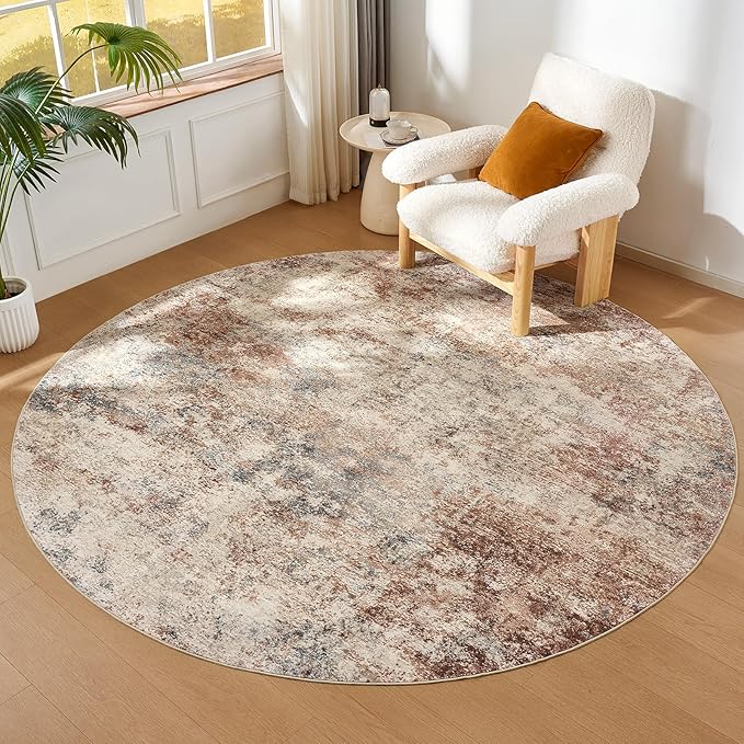 WITSHOCK 8ft Round Area Rug for Living Room: 8x8 Washable Neutral Modern Abstract Soft Thin Rug Indoor Floor No Slip Rug Carpet for Bedroom Under Dining Table Home Office Decor (Rust Color)