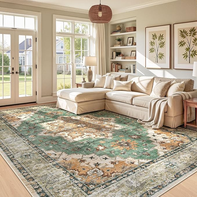 Area Rug 9x12 Vintage Rug: Large Washable Indoor Medallion Rugs Low Pile Distressed Floor Carpet Retro Accent Rug for Living Room Bedroom Kitchen Dining Table Home Office(Brown Green, 9'x12')