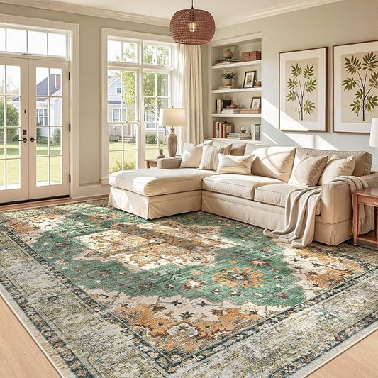 Area Rug 9x12 Vintage Rug: Large Washable Indoor Medallion Rugs Low Pile Distressed Floor Carpet Retro Accent Rug for Living Room Bedroom Kitchen Dining Table Home Office(Brown Green, 9'x12')