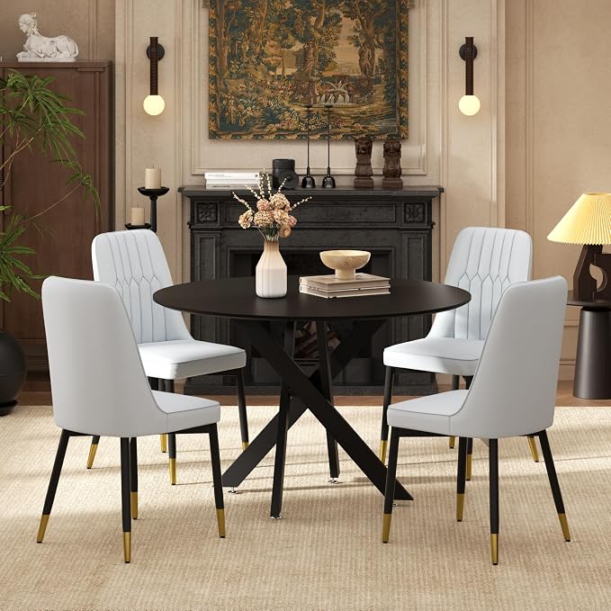 RGZ Mid Century Black Round Dining Table Set for 4, 36" Small Wooden Circle Kitchen Table & 4 Light Gray PU Leather Kitchen Chairs, Dinner Table Set for Home, Apartment, Dining Room
