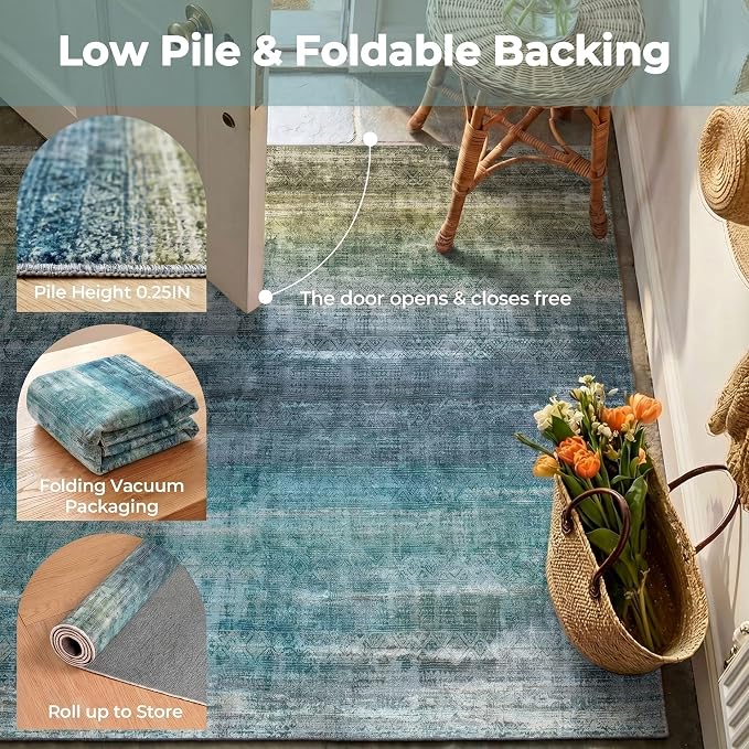 Kokia Abstract Teal Area Rugs 8x10 Bedroom Soft Living Room Rugs Washable Distressed Vintage Comfy Carpet with Non-Slip Backing for Farmhouse Home Office Room Decor, Blue and Green