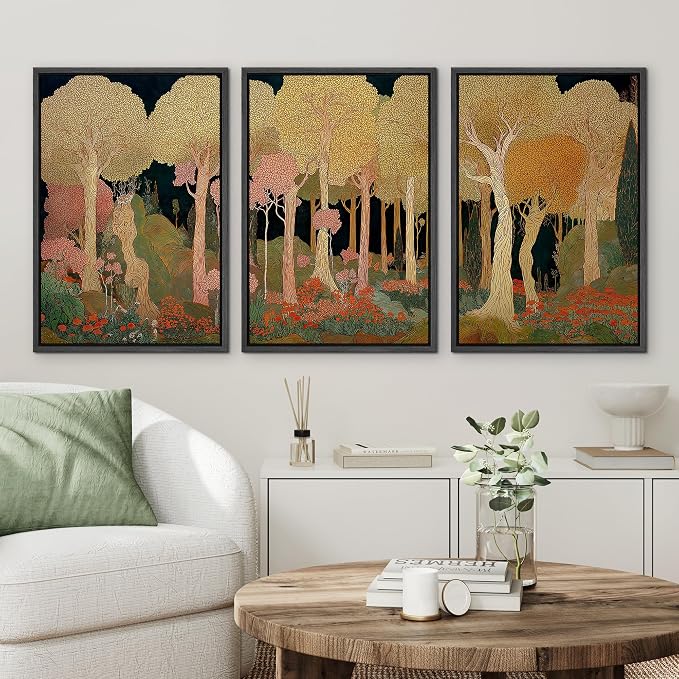 wall26 Framed Print Wall Art Set Art Nouveau Golden Forest Whimsical Vintage Tree and FloralDecorative Minimal Relax/Zen for Living Room, Bedroom, Office - 16"x24"x3 BLACK