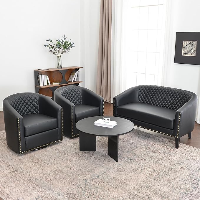 KINWELL 50" Faux Leather Upholstered Loveseat Sofa with 2 Swivel Barrel Accent Chairs, Minimalist Comfy 2-Seater Couch and Armchair for Small Spaces Apartment, Black