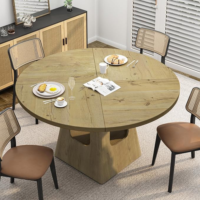 KEIKI 47" Round Dining Table for 4-6, Mid Century Modern Kitchen Table with Storage Base, Wooden Corner Dinner Desk for Living Room Breakfast Nook Restaurant, Easy Assembly, Natural