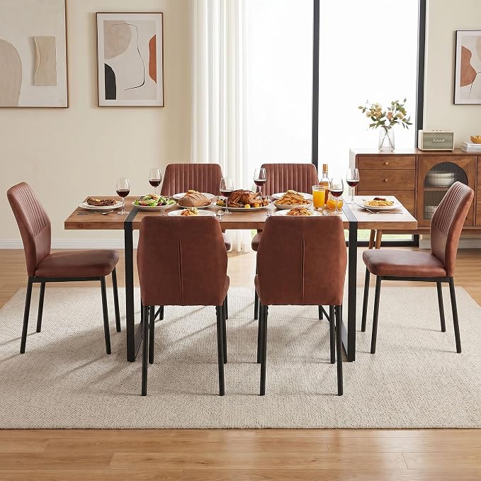 Dining Chairs Set of 6, Brown PU Leather Dining Chairs, Comfortable Upholstered Armless Kitchen Chairs with Black Metal Legs for Living Room, Dining Room, Kitchen
