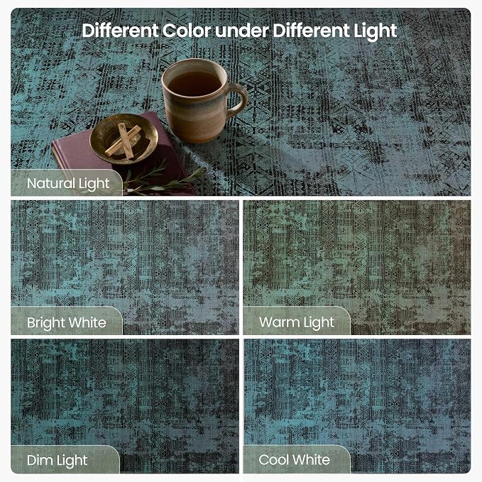 Kokia Abstract Area Rugs 8x10 Bedroom Soft Living Room Rugs Washable Distressed Vintage Comfy Deep Teal Carpet with Non-Slip Backing for Farmhouse Home Office Room Decor, Ocean Teal
