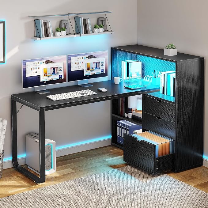 YITAHOME L Shaped Desk with Power Outlets & LED Lights & File Cabinet, 55" Corner Computer Desk with 3 Drawers & 3 Storage Shelves, Home Office Desk with Bookshelf, Black