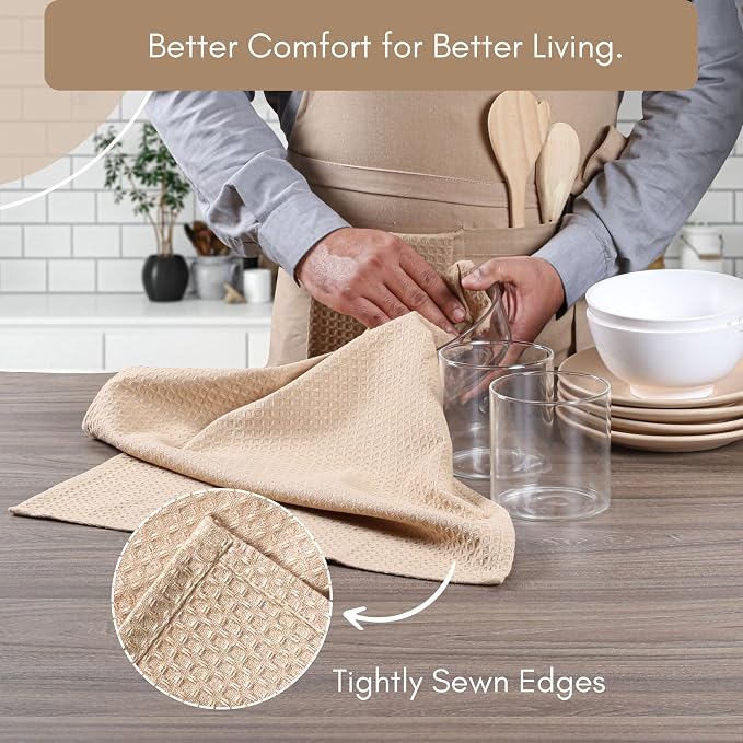 TWINY threads Waffle Kitchen Towel Pack of 4, 16x26 Inches, Premium 100% Cotton Kitchen Linen Set, Absorbent Dish Cloths for Cleaning and Drying, Machine Washable, Durable, Quick Dry, Beige