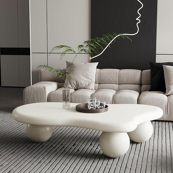 47" Cream White Coffee Table Modern Cloud Shape Low Center Table Cute Irregular Indoor Tea Table with 3 Ball Legs for Living Room Small Space Apartment