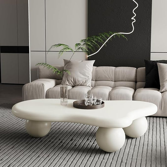 47" Cream White Coffee Table Modern Cloud Shape Low Center Table Cute Irregular Indoor Tea Table with 3 Ball Legs for Living Room Small Space Apartment