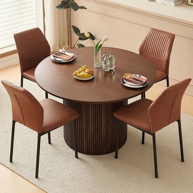 Dining Table Set for 4, 47" Wooden Round Kitchen Table with PU Leather Chairs for Kitchen Room and Small Spaces(Walnut Table + 4 Brown Chairs)