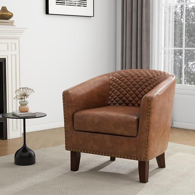 UIXE PU Leather Barrel Accent Chairs Set of 4, Modern Upholstered Armchair Round Club Chair for Living Room, Comfy Nailed Trim Arm Chair Bedroom Side Reading Seat - Brown