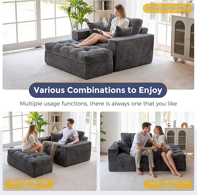MAXYOYO Oversized Chaise Lounge Sofa, Upholstered Lounge Chair with 3 Pillows, Tufted Boneless Sofa Couch with Ottoman, Deep Seat Chair for Living Room, No Assembly, Dark Grey