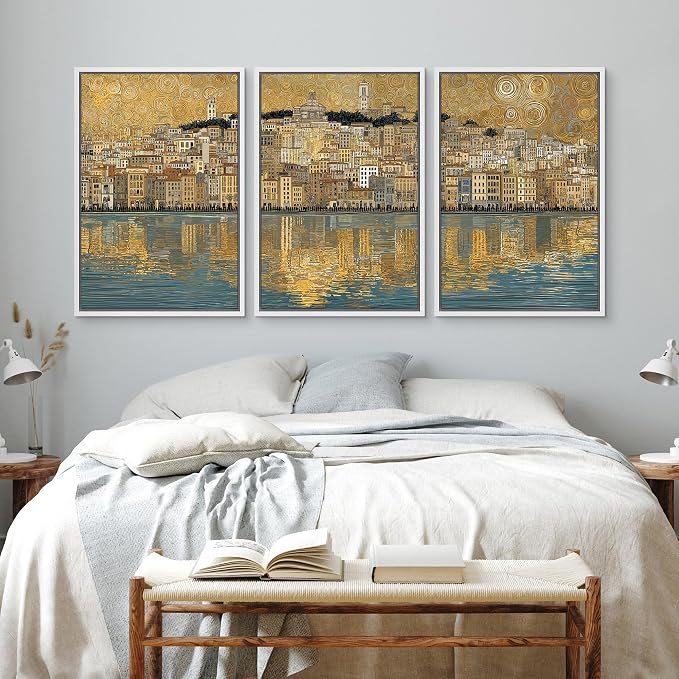 wall26 Framed Print Wall Art Set Golden Cityscape Reflection Gustav Klimt Inspired Coastal TownDecorative Minimal Relax/Zen for Living Room, Bedroom, Office - 16"x24"x3 WHITE