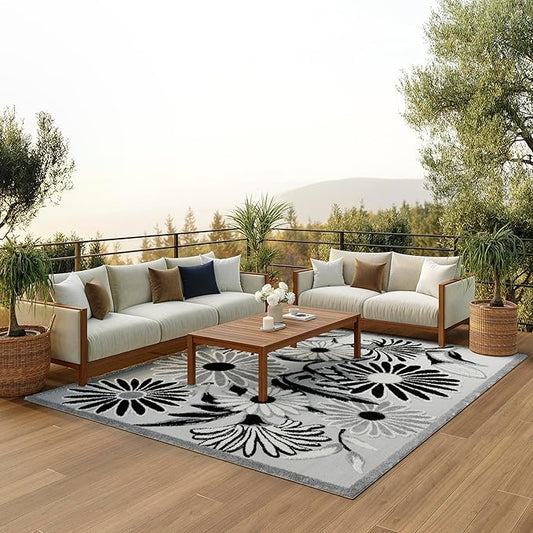 Nourison Home Aloha Black White 7' x 10' Area Rug - Easy Clean, Non Shedding, Bed Room, Living Room, Dining Room, Kitchen (7' x 10')