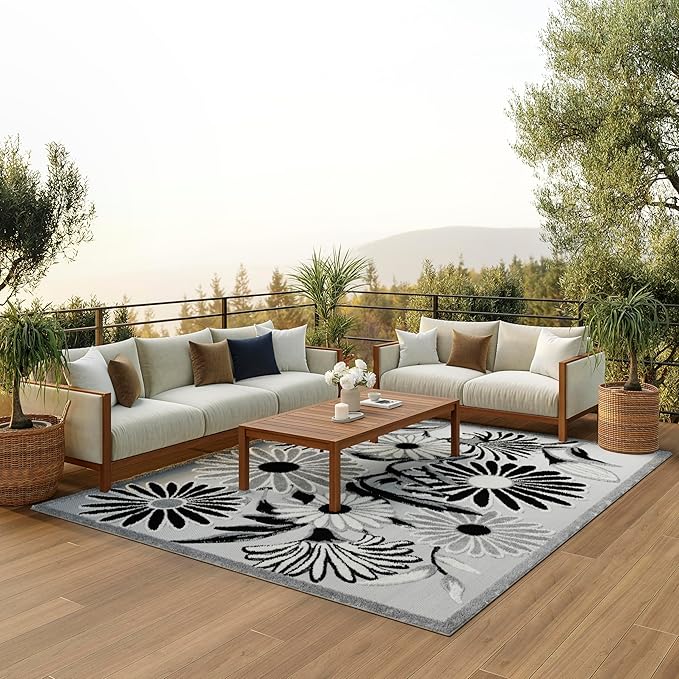 Nourison Home Aloha Black White 7'10" x 10'6" Area Rug - Easy Clean, Non Shedding, Bed Room, Living Room, Dining Room, Kitchen (8' x 11')