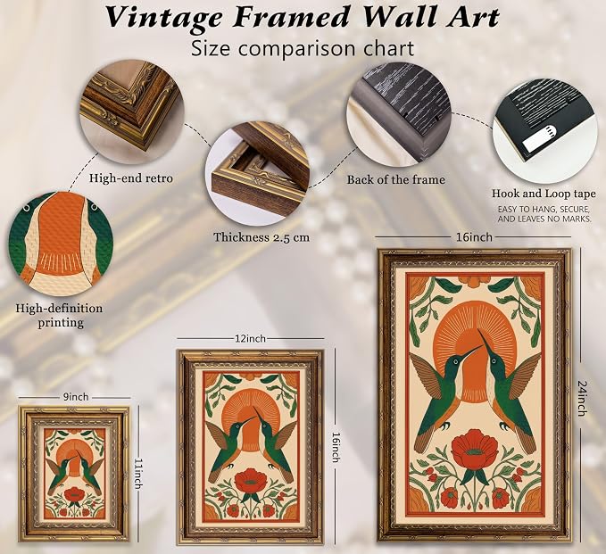Vintage Gold Framed Hummingbird Wall Art Scandinavian Pictures Floral Bird Painting Canvas Prints Birds Poster Artwork Neutral Farmhouse Wall Decor for Living Room Bedroom Kitchen12x16in