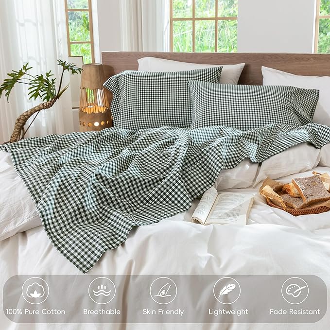 MooMee Gingham Sheet Set 100% Washed Cotton Linen Like Textured Breathable Soft w/Fully Elasticized 16-19" Deep Pocket (Mini Gingham Forest Green, Queen)