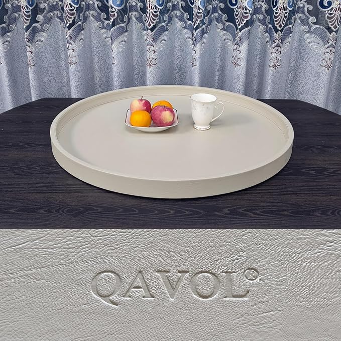 30 x 30 inches high-end Light Luxury Leather Round Oversized Service Tray, Ottoman Tray，Coffee Tray, Food Tray, Family Dinner, Out-of-House Picnic, Party Essential Tray (30 inch Beige)
