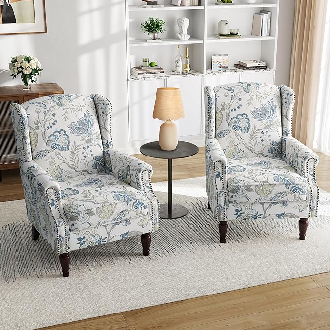 Pia Ricco High Back Floral Accent Chair - Retro Wingback Upholstered Armchair with Nailhead Trim, Solid Wood Legs, Fabric Living Room Bedroom Reading Chair (Plants Blue)