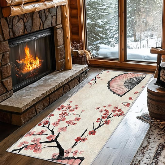 Japanese Cherry Blossom Runner Rug 4x9, Oriental Fan Design, Asian Area Rug, Washable Non-Slip Floor Carpet Runner for Bedroom, Dining Room, Living Room Aisle