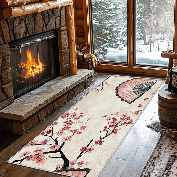 Japanese Cherry Blossom Runner Rug 3x11, Oriental Fan Design, Asian Area Rug, Washable Carpet Runner for Bedroom, Standard Hallways, Kitchen Walkway, Dining Room Sideboard