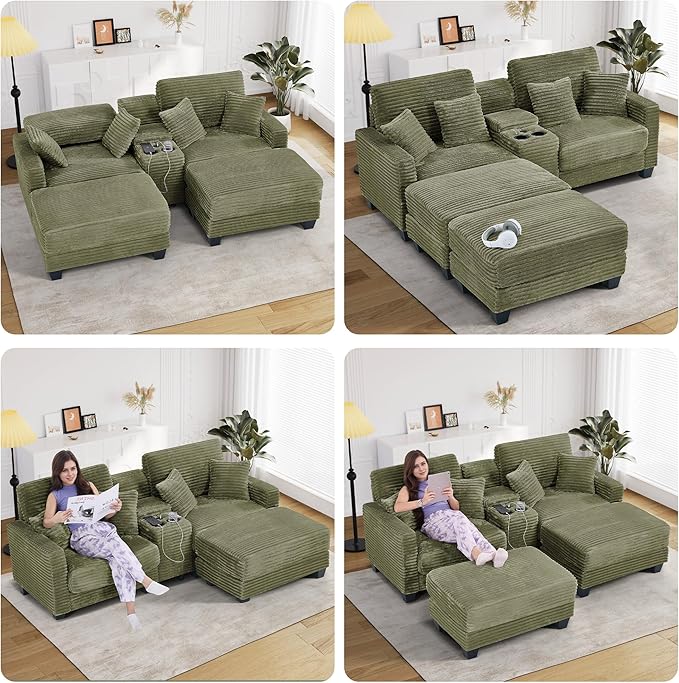 Oversized Chaise Lounge Chair Indoor with Storage & USB, Cup Holder & Ottoman, Firm Solid Wood Frame with Long Service Life Corduroy Oversized Lounge Reading Chair for Large Study Room - Olive Green
