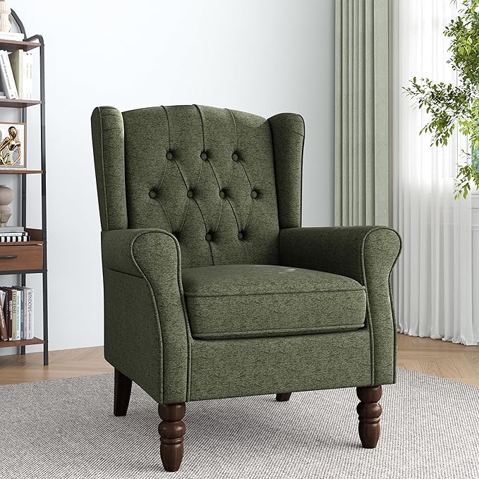 Accent Chair, High Back Upholstered Chair with Button Tufted, Mid-Century Modern Comfy Wingback Chair Reading Armchair in Fabric for Living Room for Bedroom, Office-Green