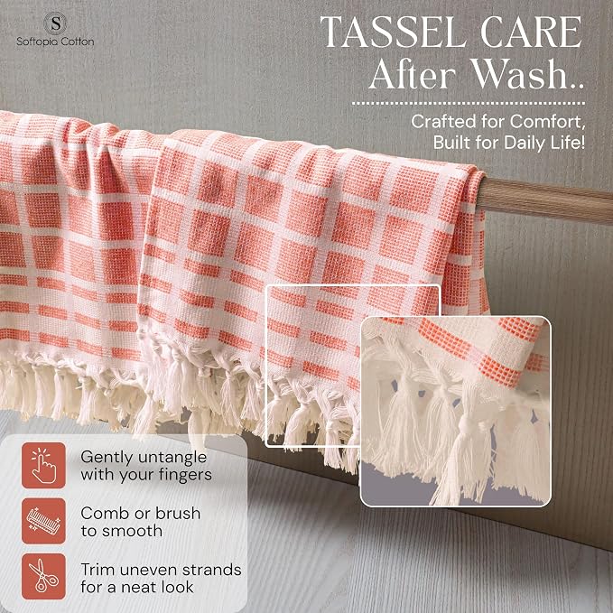 Matrix Dobby Kitchen Towels 4 Pack 100% Cotton, 16x26 Inches, Decorative Tea Towels with Handmade Tassels, Absorbent, Reusable Dish Cloths for Drying Dishes - Bright Orange, Natural