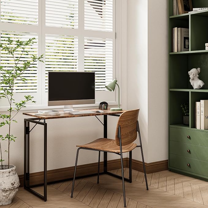 alawooder Folding Desk - 39.4” Wood Top Foldable Desk for Small Spaces | No Assembly Required Compact Desk for Home Office, Writing, and Study