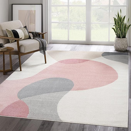 Abani Rugs Cream and Pink 6 ft. X 9 ft. Contemporary mid-Century Rug with Beige and Pink Geometric Circle. Minimalistic Design Rectangular Area Rug. Turkish Stain Resistant Area Rug.