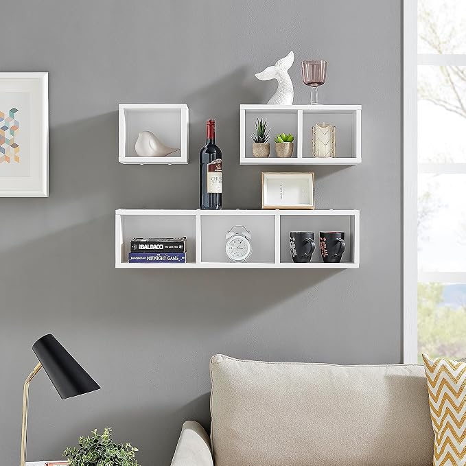 Danya B. Bauhaus Floating Geometric Cubby Wall Shelves - Set of 3 Sizes - White