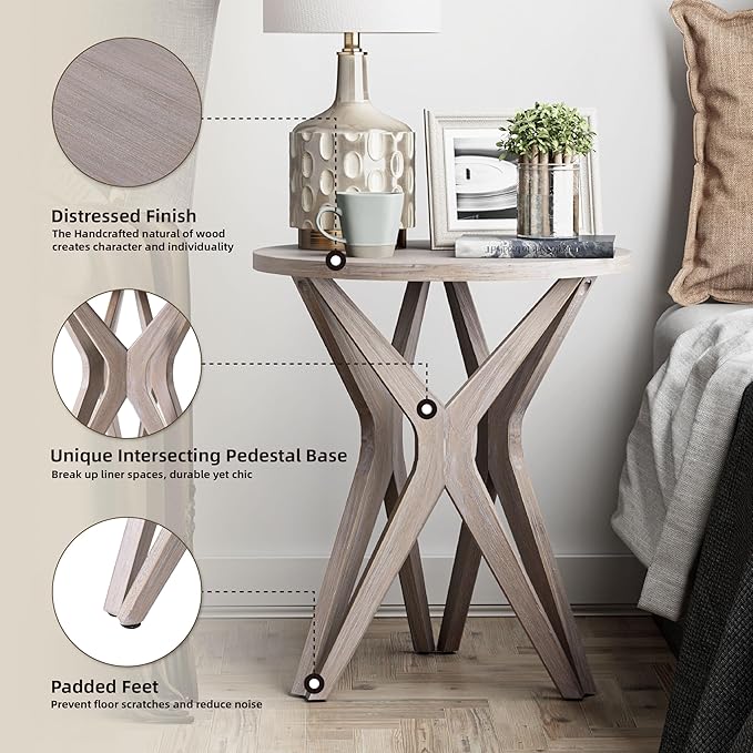 LONYKE Pedestal Farmhouse End Table Set of 2, Distressed Top with Tripod Base Bedside Table for Living Room, Modern, Boho Decor, Round (2-Pack, Distressed Aah Grey)