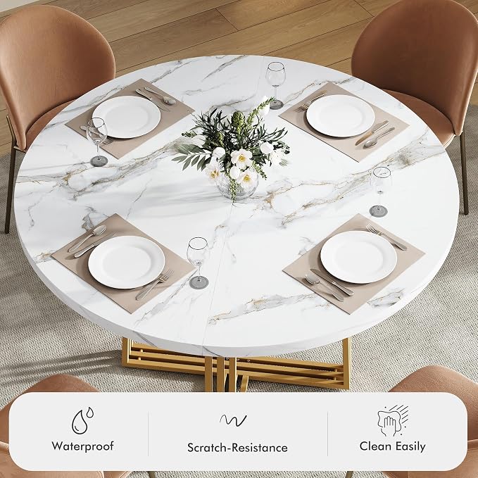 Round Dining Table for 4, 43.3-Inch Faux Marble Kitchen Table, Modern Circle Dinner Table with Metal Base for Dining Room, Kitchen, Breakfast Nook, Apartment, Small Spaces, White and Gold