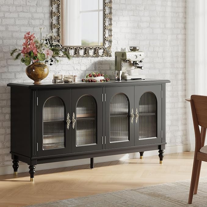 iPormis Fluted Arched Buffet Cabinet Set of 2, 59" Modern Sideboard with Glass Door & Adjustable Shelves, Mid Century Modern Solid Wood Credenza Accent Cabinet for Living Room, Entryway, Black