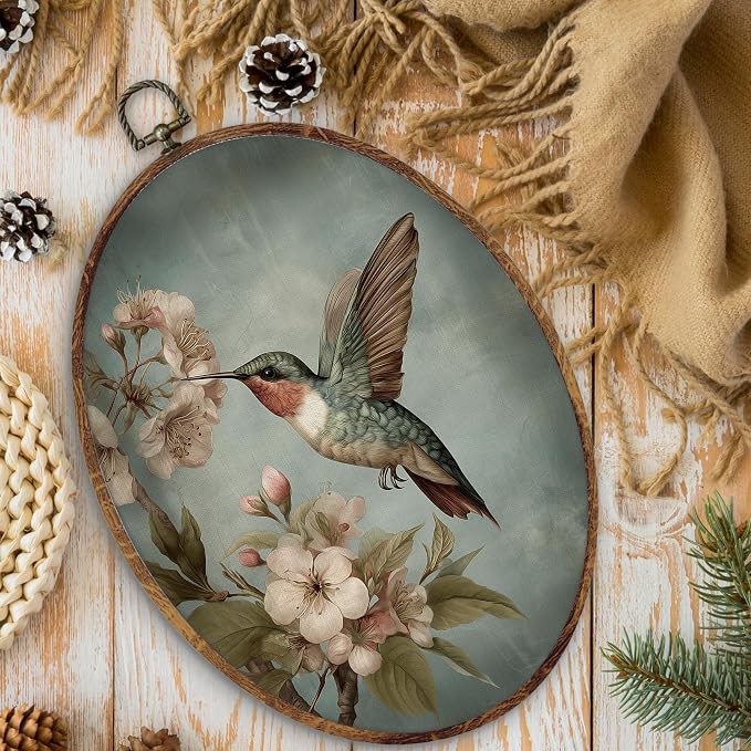 DILSJ Hummingbird Floral Oval Wall Art Decor, Bird Lover Gifts Canvas Wall Art Framed, Vintage Retro Botanical Flower Bird Hanging Decorations for Home Bedroom Living Room Decor, 11x8.5 Inch