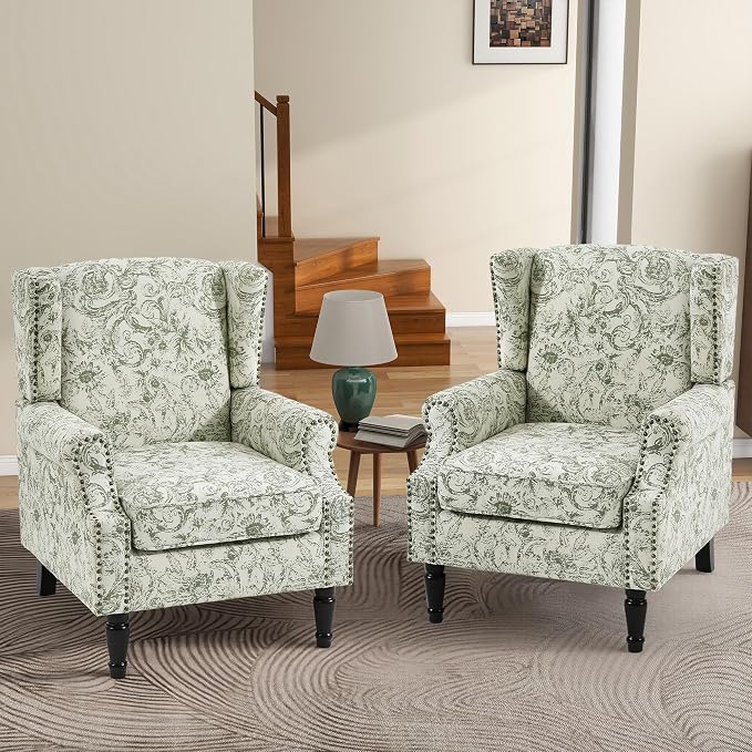 High Back Accent Chair, Fabric Upholstered Armchair for Living Room, Floral Printed Wingback Arm Chair with Solid Wood Legs, Retro Nailhead Trim Single Sofa Bedroom Reading Seat - Rococo Green