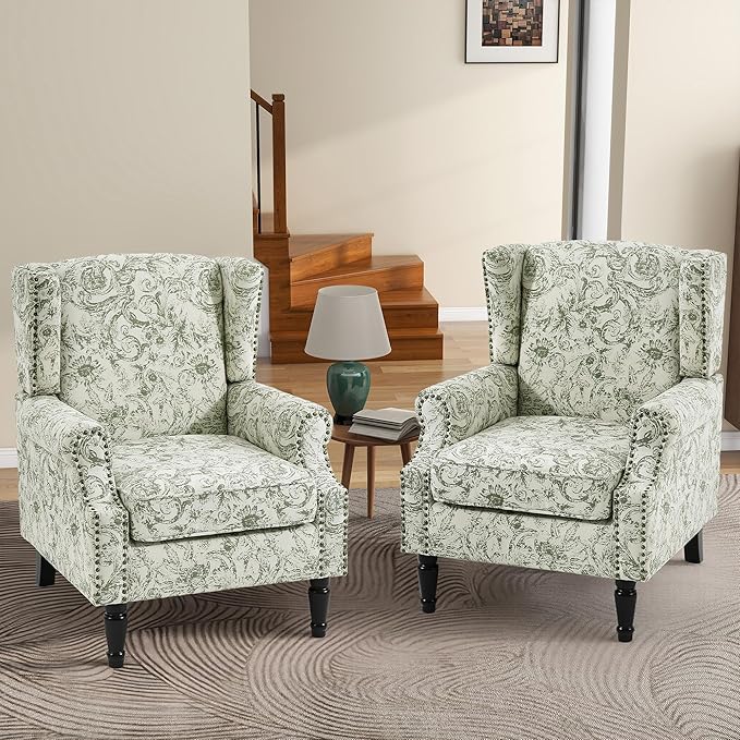 High Back Floral Accent Chairs Set of 2, Fabric Upholstered Armchair Wingback Arm Chair for Living Room, Nailhead Trim Single Sofa Bedroom Side Reading Seat with Solid Wood Legs - Rococo Green