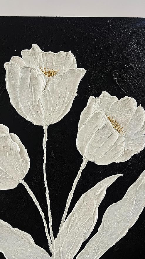 YaSheng Art-Wall Art for Living Room 100% Hand-Painted Flower Oil Painting On Canvas Black and White Thick Texture Minimalist modern Art Gallery Wrapped Framed Floral tulip Blossom Artwork for Home Bedroom 24x24inch