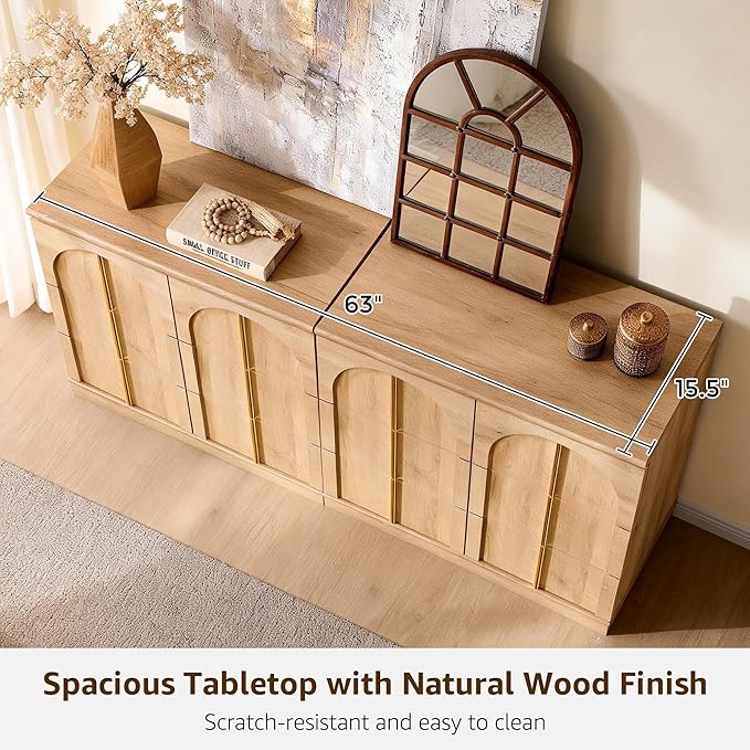 ACCOHOHO Buffet Cabinet with Storage & Arched Doors, 31.5 Inch Wood Sideboard W/Adjustable Shelf, Modern Coffee Bar Tables Accent Cabinets for Living Room,Kitchen or Entryway (Natural Oak, 2 Piece)
