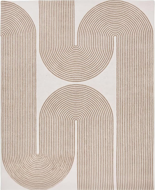 Modern Handmade Wool Area Rug, Abstract Curved Line Geometric Indoor Carpet for Living Room Bedroom, Contemporary Tufted Rug with Soft Pile and Cotton Backing (Sand Beige, 4' x 6')