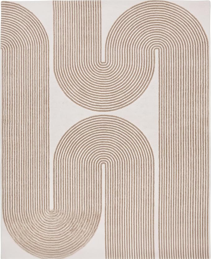 Modern Handmade Wool Area Rug, Abstract Curved Line Geometric Indoor Carpet for Living Room Bedroom, Contemporary Tufted Rug with Soft Pile and Cotton Backing (Sand Beige, 9' x 12')