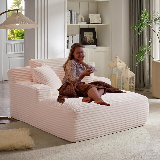 50 Inch Oversized Chaise Lounge Chair, Corduroy Upholstered Sleeper Sofa Bed with Spring Cushion, No Assembly Lazy Boneless Chaise Lounge for Bedroom Office, Pink