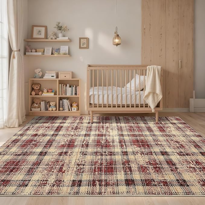 Living Room Area Rug 6x9 Washable Rugs Soft Bedroom Rug Farmhouse Large Area Rug Non Slip Throw Rugs Modern Low Pile Non Shedding Stain Resistant Carpet for Dining Room Classroom 6'x9' Red