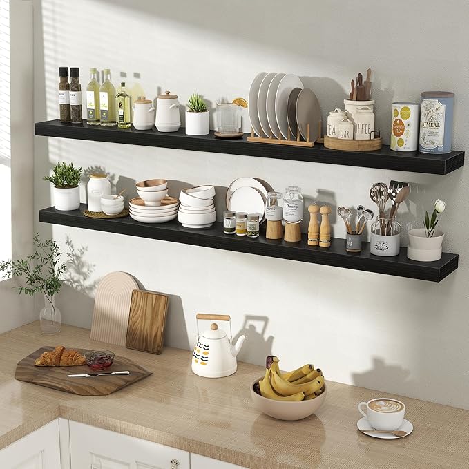 55 Inch Floating Shelves for Wall 2 Pack, 55" Wall Shelves for Books, Storage, Decor, Wall Mounted Floating Shelf with Invisible Brackets for Kitchen, Living Room, Black