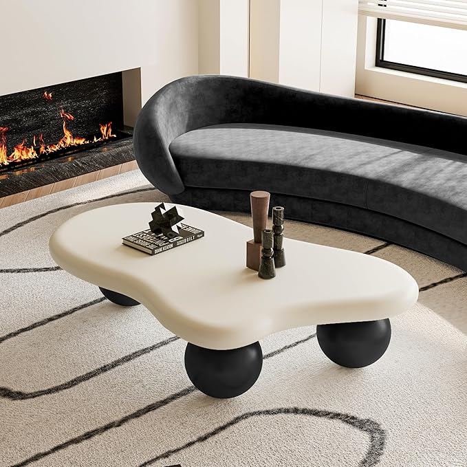 40" Modern Coffee Table Cloud Shape Low Center Table Cute Irregular Indoor Tea Table with 3 Ball Legs for Living Room Small Space