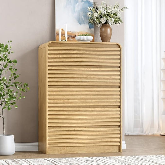 Fluted 5 Drawer Dresser for Bedroom, 45" Tall Wood Chests of Drawers with Curved Profile, Mid Century Modern Dresser with Large Storage & Hidden Handles for Living Room, Hallway, Natural Oak